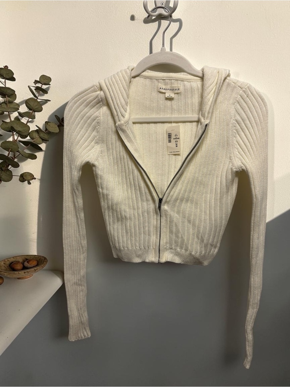 NWT Aeropostale Ivory Hooded Cropped Zip-Up Cardigan Sweater M